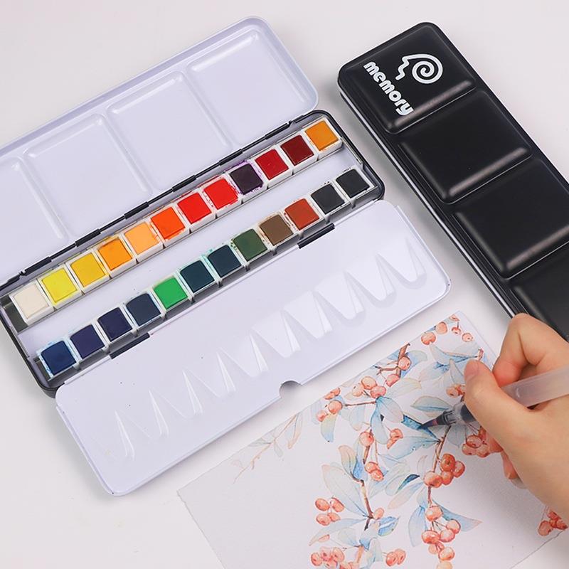 黑铁盒24色固体水彩颜料初学者手绘水彩颜料方便携带美术用品