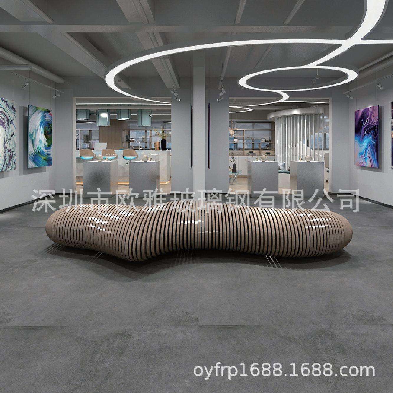 艺术馆软装 玻璃钢木纹商场异形美陈休闲等候椅 公共休息座椅凳