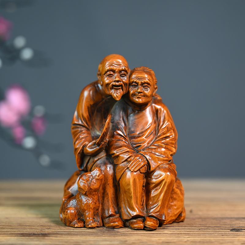 小叶黄杨木仿古老夫老妻雕刻木质工艺品小摆件创艺家居装饰品送礼