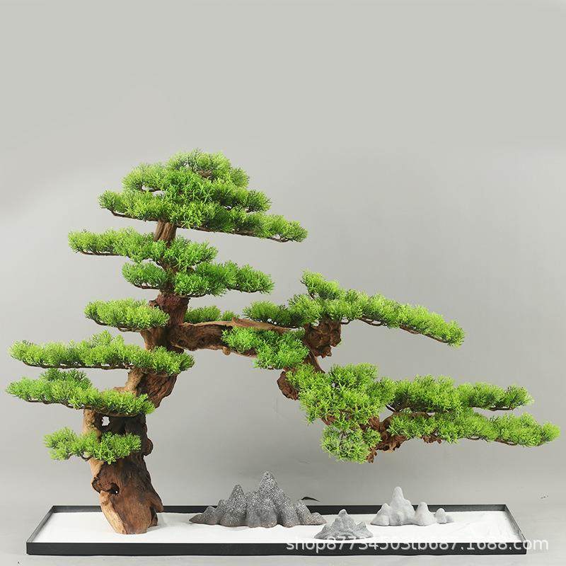 新中式仿真禅意迎客松玄关桌客厅茶室茶楼装饰品日式绿植盆景摆件