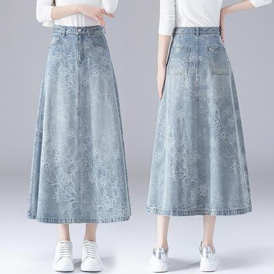 浅蓝提花高腰牛仔中长裙