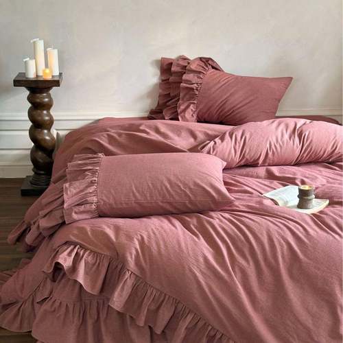 法式复古色织全棉水洗棉亲肤四件套纯棉蛋糕床裙纯色被套床上用品