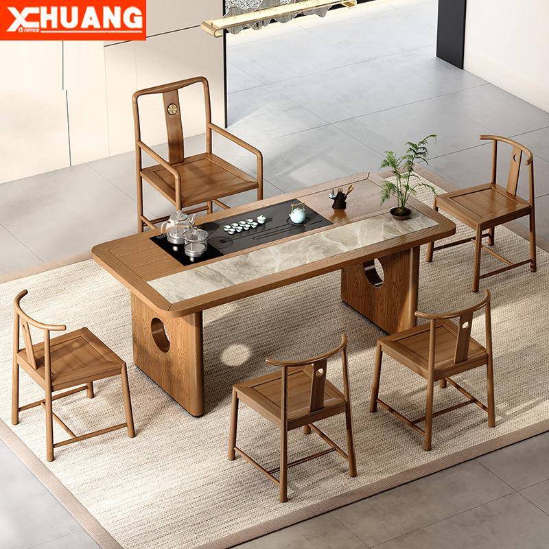 新中式实木茶桌椅组合条形木质工艺茶台老板办公室复古茶桌茶几