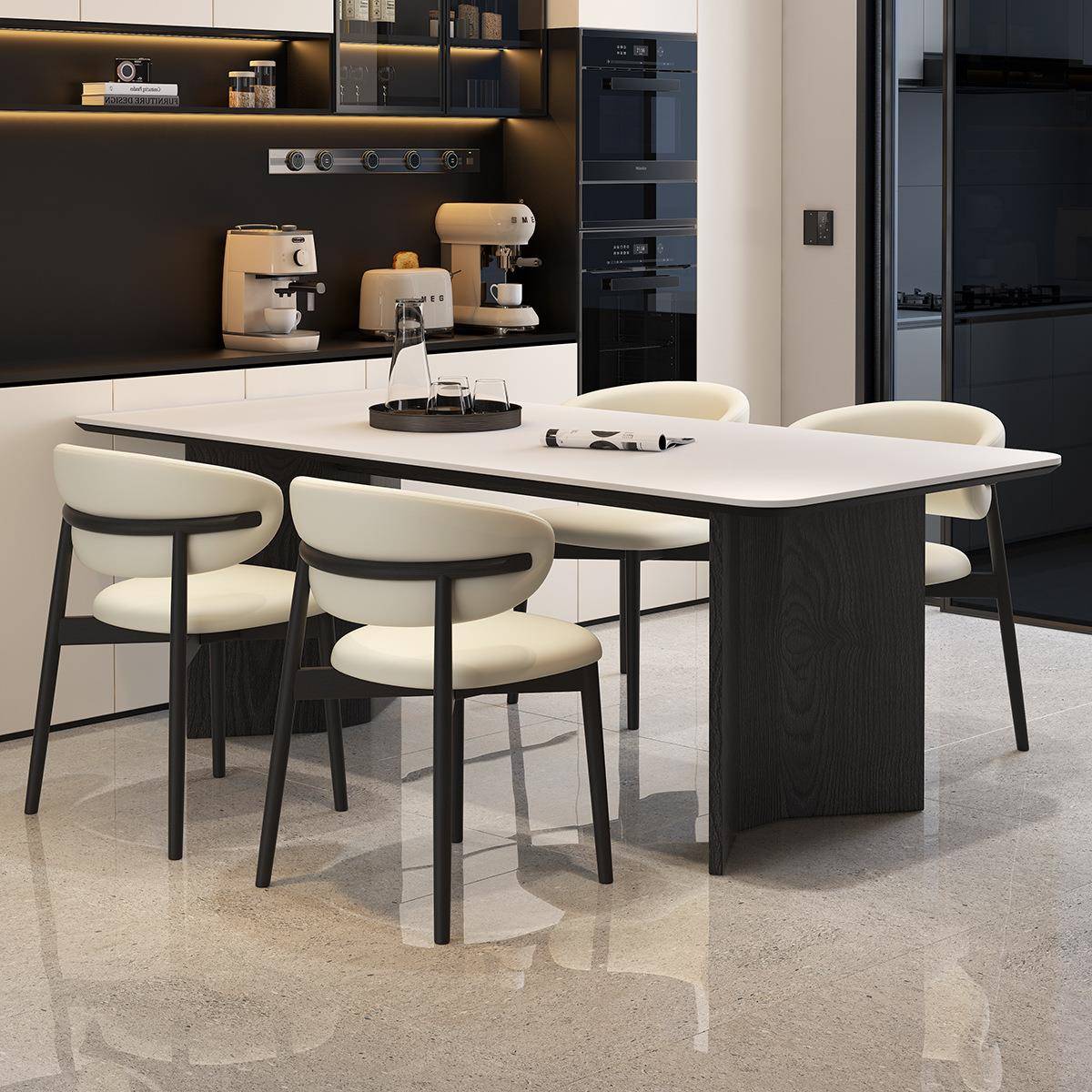 轻奢意式极简小户型长方形家用复古风岩板餐桌椅组合实木吃饭桌子