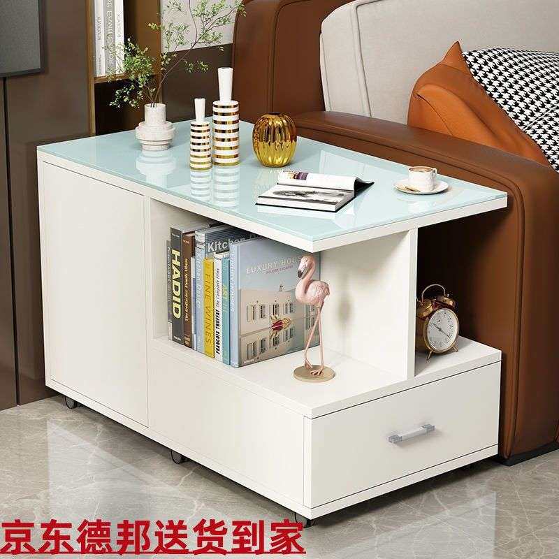 客厅移动沙发边柜储物柜边几可移动轻奢钢化玻璃小茶几带轮小茶桌