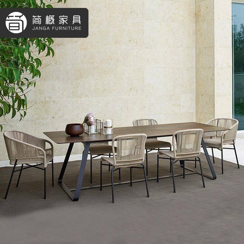 别墅庭院藤编桌椅组合户外花园岩板长餐桌藤椅露台休闲咖啡厅吧椅