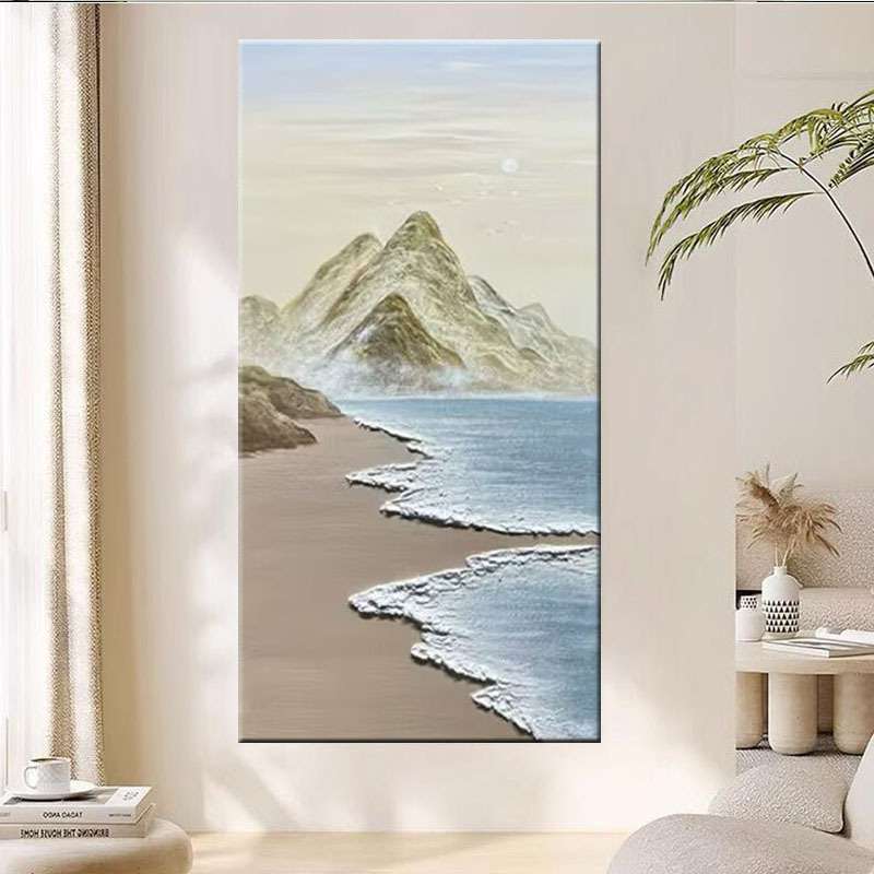 手绘油画日照金山玄关装饰画竖版砂岩立体肌理画高档书房风景挂画图片