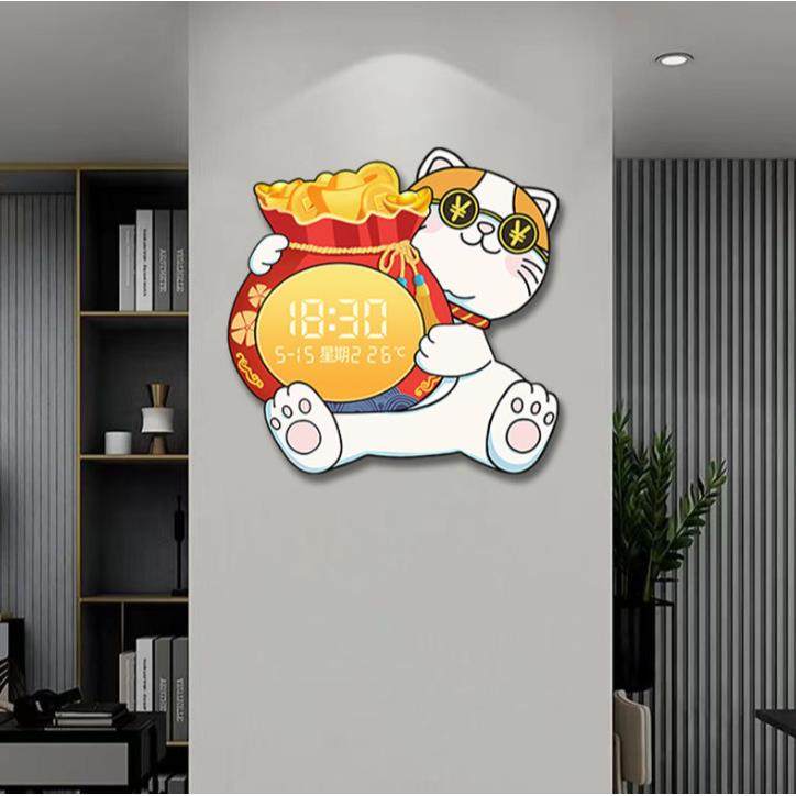 新款招财猫现代轻奢数显夜光数字led电子时钟客厅餐厅卧室装饰画