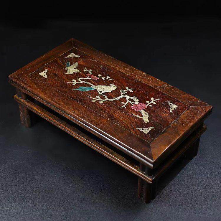 古玩仿古做旧木质工艺品花梨木镶嵌贝壳小桌子摆件摆饰喜鹊闹梅鱼