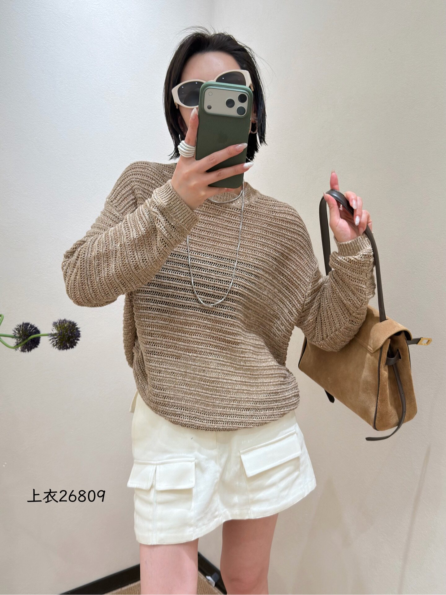 秋季新款镂空休闲亚麻针织衫女舒毛衣