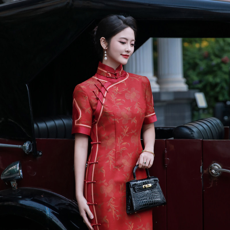 桑蚕丝复古如意袖长款旗袍
