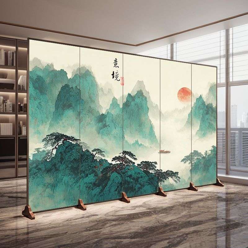 中式屏风山水画隔断客厅玄关遮丑可折叠移动书房酒店青山流水生财