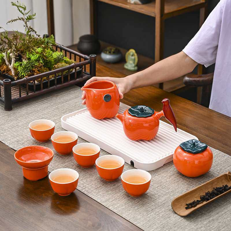 新款特色便携式柿子功夫陶瓷茶具套装户外旅行便携收纳泡茶壶茶杯