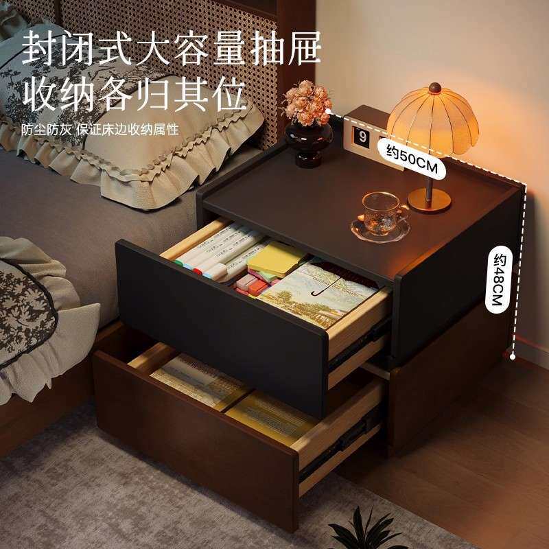 全实木床头柜创意家用卧室储物柜2025新款床头柜中古风床边收纳柜