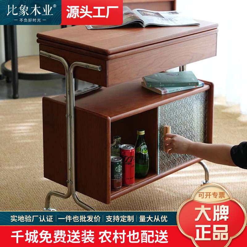 小推车中古风客厅可移动折叠带滑轮小推桌置物柜实木边柜茶几边几