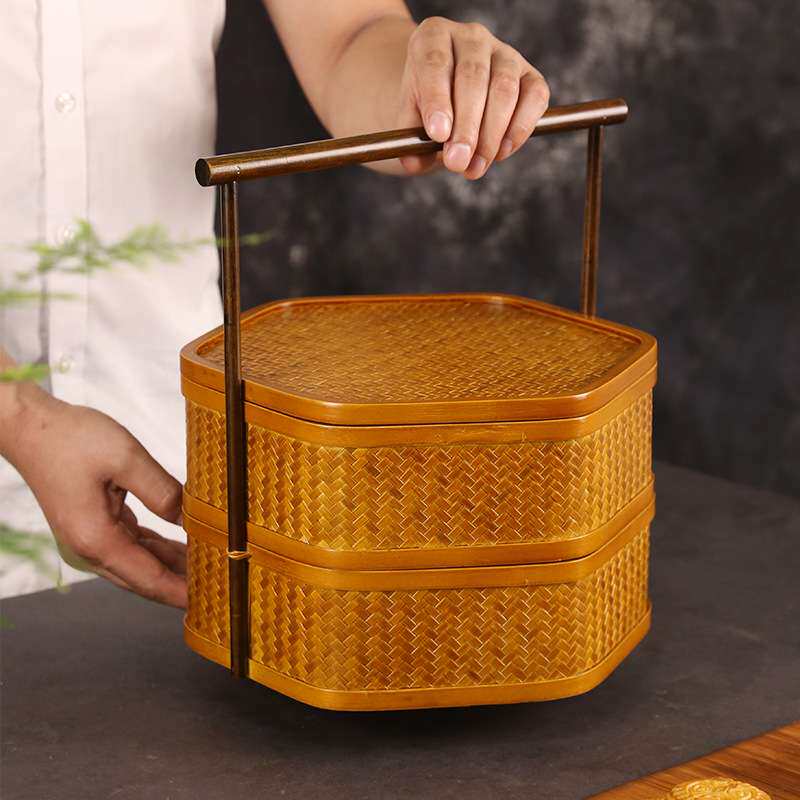 手工竹编提篮双层带盖食盒中式复古茶具收纳盒家用圆形糕点送餐篮