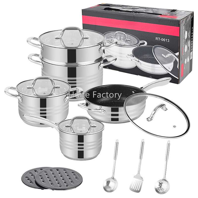 跨境13件套cookware set厨具加厚复底不锈钢套装锅带蒸格锅具套装