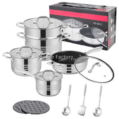 跨境13件套cookware set厨具加厚复底不锈钢套装锅带蒸格锅具套装