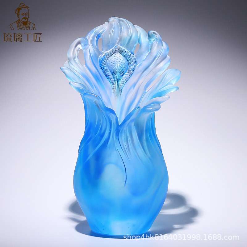 琉璃艺术摆件创意家居装饰品客厅电视柜工艺品插干花孔雀羽毛花瓶