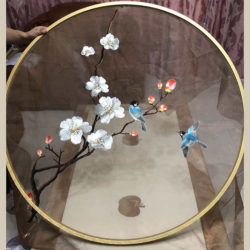 现货苏绣双面机器刺绣半透明纱布屏风玄关隔断画心芯圆框装修设计