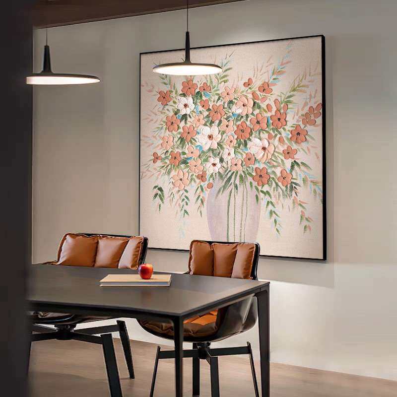 繁花似锦方形餐厅装饰画北欧风油布画花卉客厅挂画