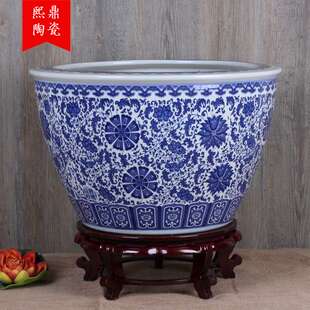 景德镇陶瓷鱼缸  青花瓷缠枝莲大号陶瓷荷花缸花盆阳台装饰品