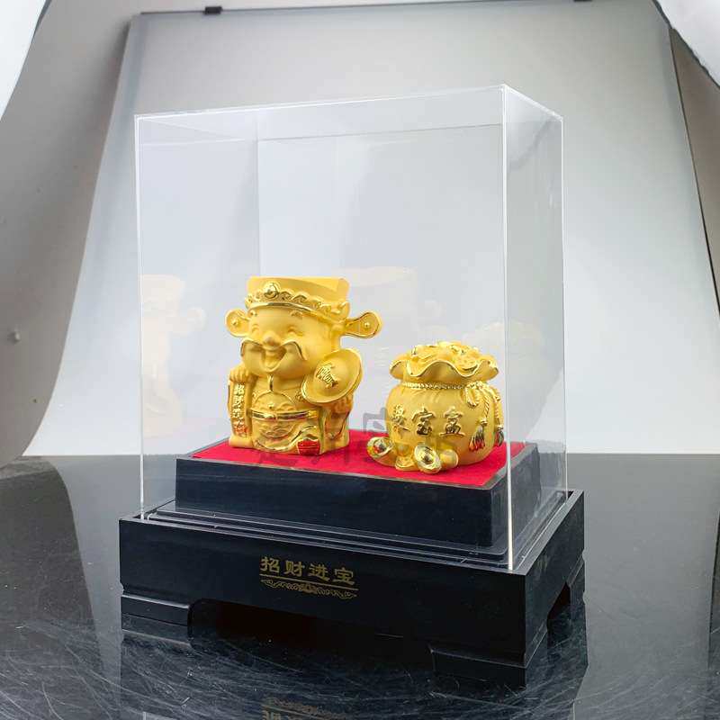 新款上市绒沙金工艺品哈哈财神聚宝盆两件套招财进宝摆件