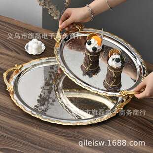 厂家新款银色金边水果盘欧式镀银复古工艺盘子酒店下午茶蛋糕托盘