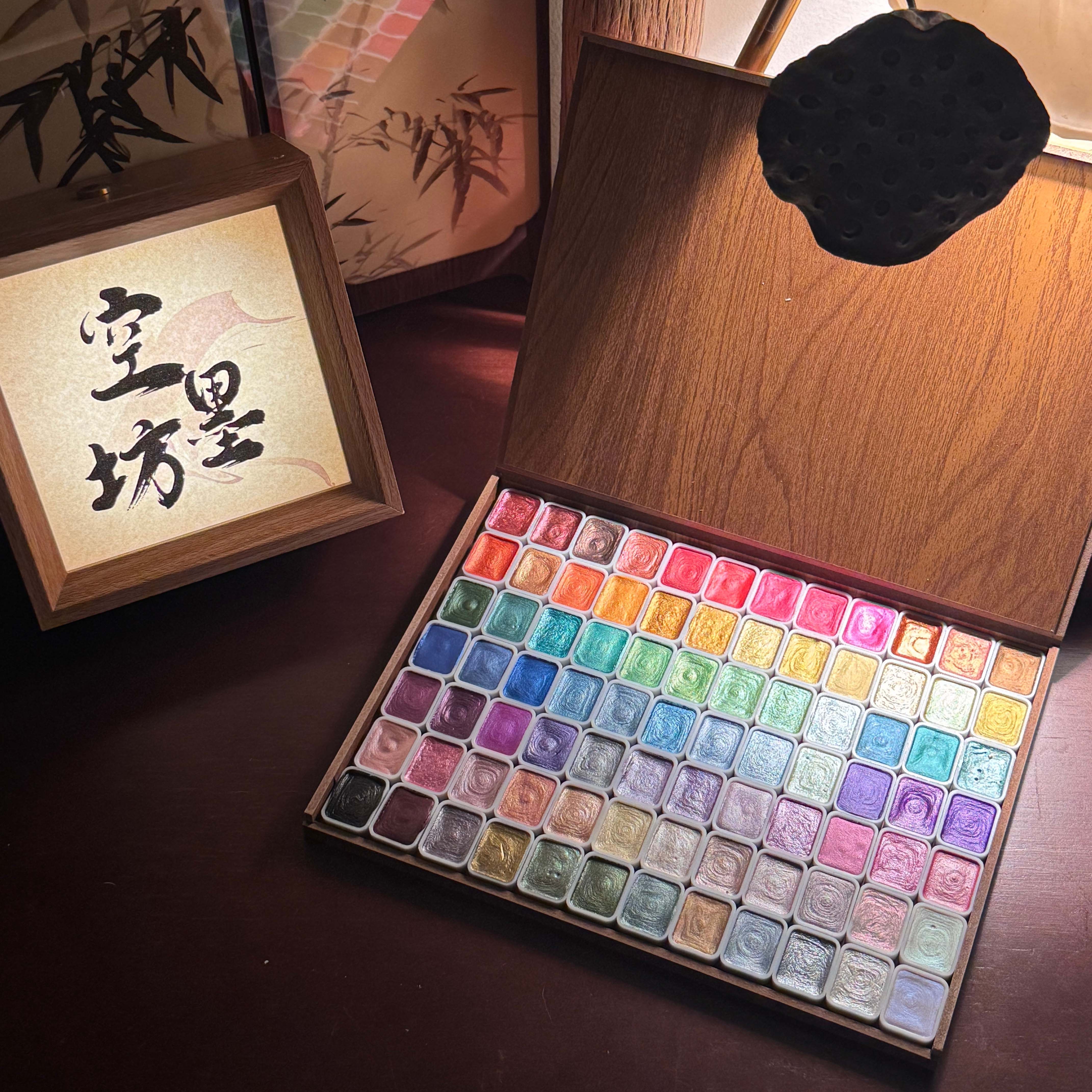 国风珠光水彩颜料套装固体彩绘颜料木盒美甲绘画美术生水彩画闪粉