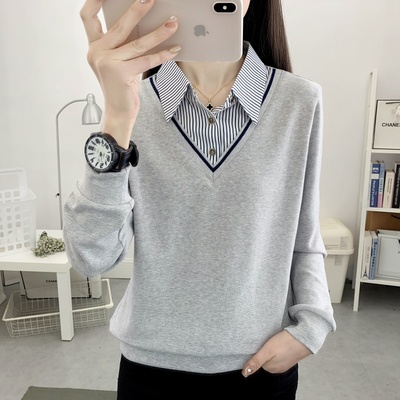 拼接宽松长袖T恤打底衫上衣POLO领假两件纯棉卫衣女2025新款秋装