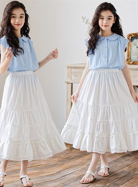 女童白色半身裙夏装长款半裙20z24新款女孩森系伞裙儿童气质A字裙
