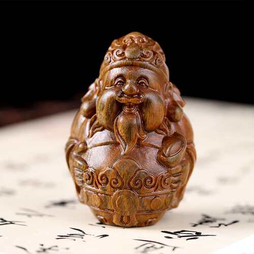 天然绿檀木雕刻财神爷 桌面木质摆件 客厅茶桌装饰文玩手把件