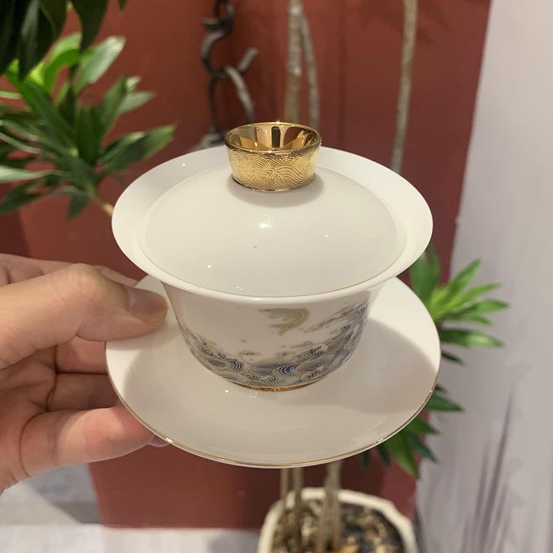 瓷语颠 渡景山房陶瓷白瓷茶具三才盖碗单个泡茶杯家用办公室