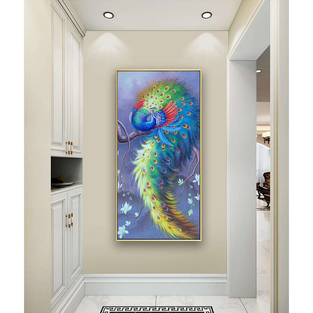 新中式手绘孔雀油画玄关装饰画客厅挂画美式过道竖版高端入户壁画