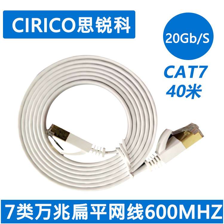 七类网线 CAT7类扁平镀金纯铜屏蔽网线 万兆成品跳线扁线白色40米