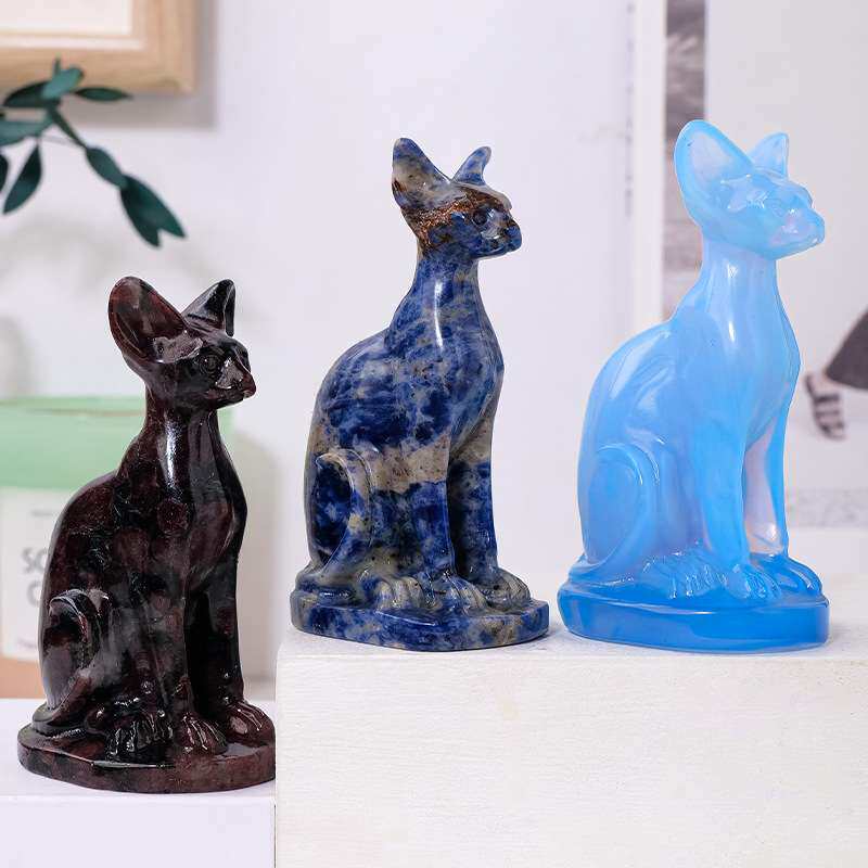 天然水晶埃及猫雕刻件 水晶原石无毛猫动物雕像工艺品装饰摆件