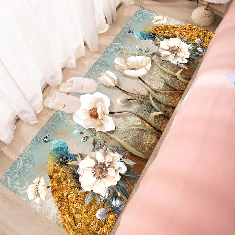 床边地毯家用长条新中式卧室床前短毛绒地垫N孔雀金山九鱼飘窗毯