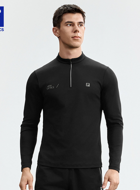 FILA 斐乐官方男运动长袖T恤秋季新款健身跑步半拉链长袖上衣黑色