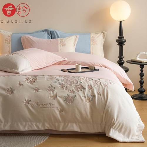 【香龄优品】法式公主风高奢刺绣全消光奶霜绒四件套床单被套床品