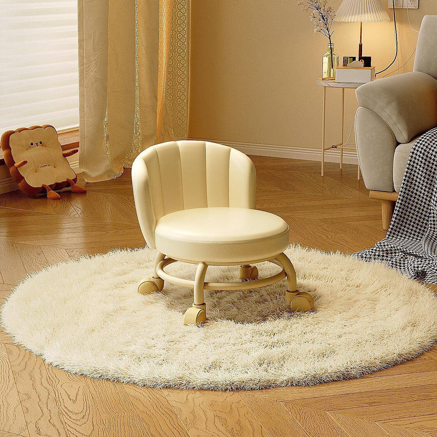 万向轮家用小凳子滑轮矮凳带娃神器儿童圆凳靠背椅子小板凳带滑轮