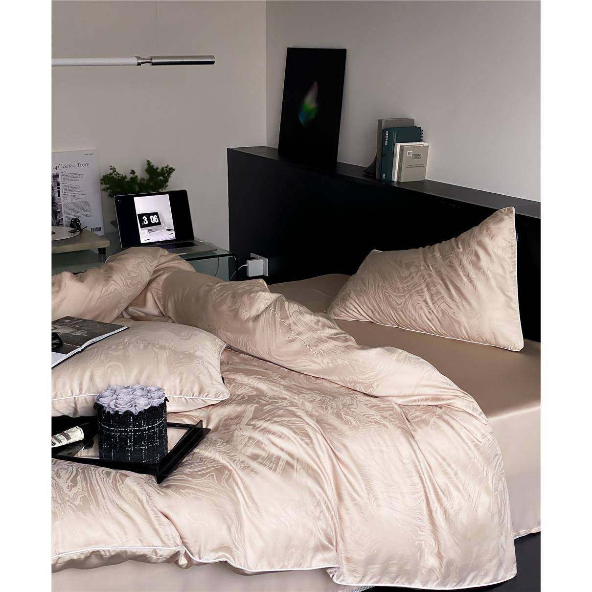 轻奢100支天丝四件套高端刺绣提花丝滑凉感被套中性色调卧室套件