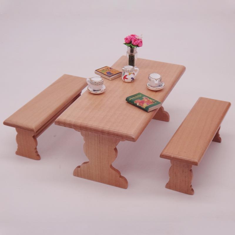 1:12娃娃屋dollhouse迷你家具模型餐厅场景原木色餐桌长桌长凳子