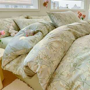 竹林中式风全棉四件套大花卉纯棉学生宿舍三件套被套床上用品