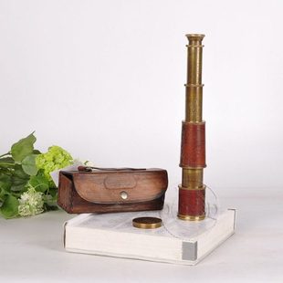 印度进口纯铜真皮礼盒望远镜单筒伸缩复古航海望远镜书房摆件装饰
