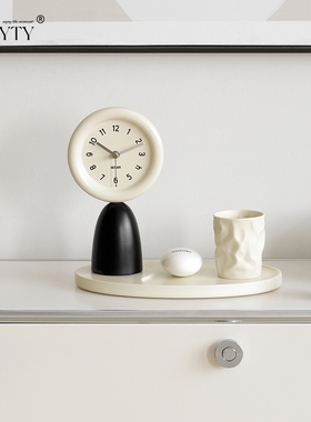 法式复古a侘寂奶油风时钟摆件客厅玄关黑白装饰托盘高级感座钟饰