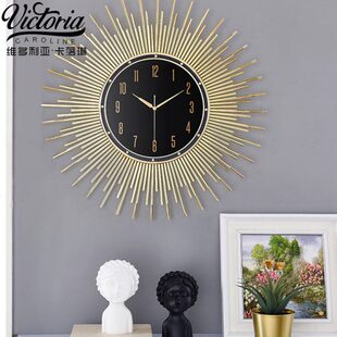 家用现代装饰太阳挂钟石英钟黄铜挂表客厅创意静音简约色轻奢时尚