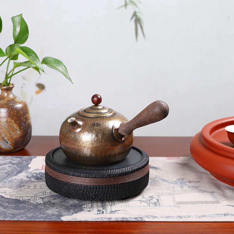 潮汕手工锤纹紫铜侧把煮水壶电陶炉家用鎏银铜壶烧水煮茶器泡茶壶