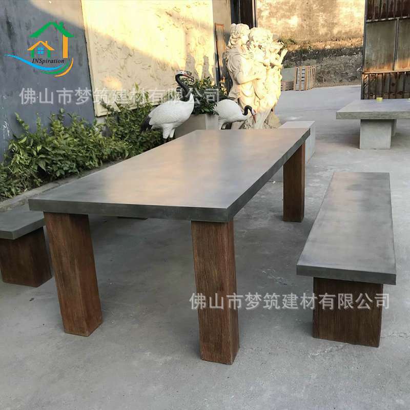 出口品质长方形GRC清水混凝土水泥灰色餐桌 水泥仿木设计休闲台凳