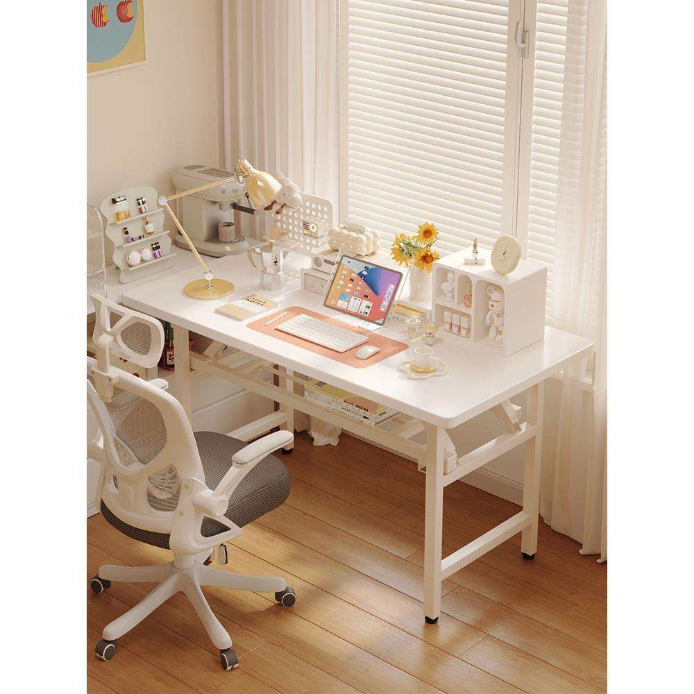 奶油风可折叠电脑桌台式书桌家用办公桌出租屋学习写字桌子长条桌