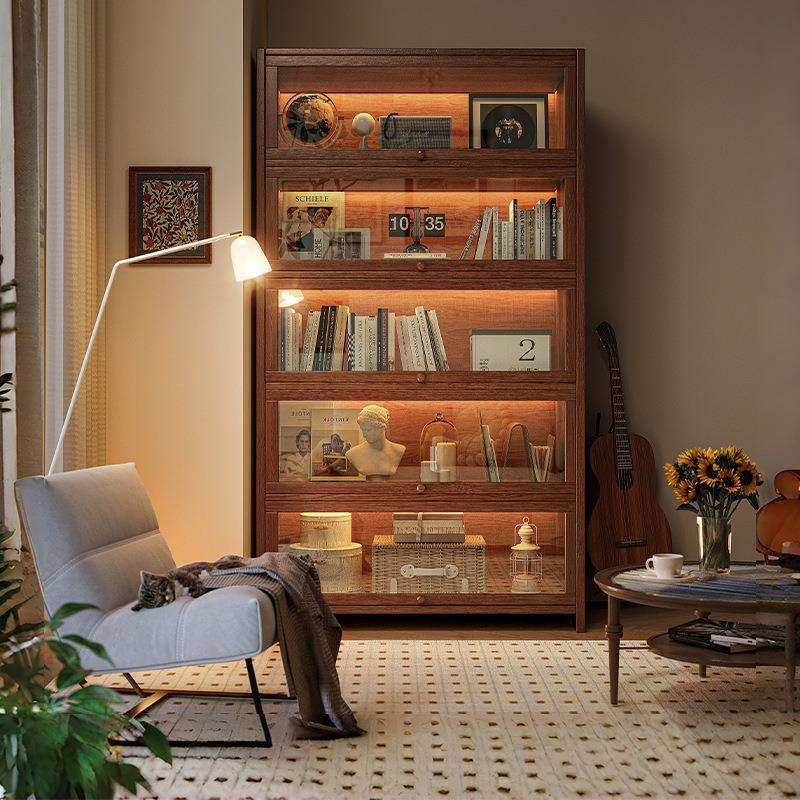 实木书柜储物柜一体胡桃木色仿玻璃展示置物柜子客厅落地防尘书架,3C数码配件,USB灯,淘宝优惠券,粉丝福利购,淘宝优惠卷